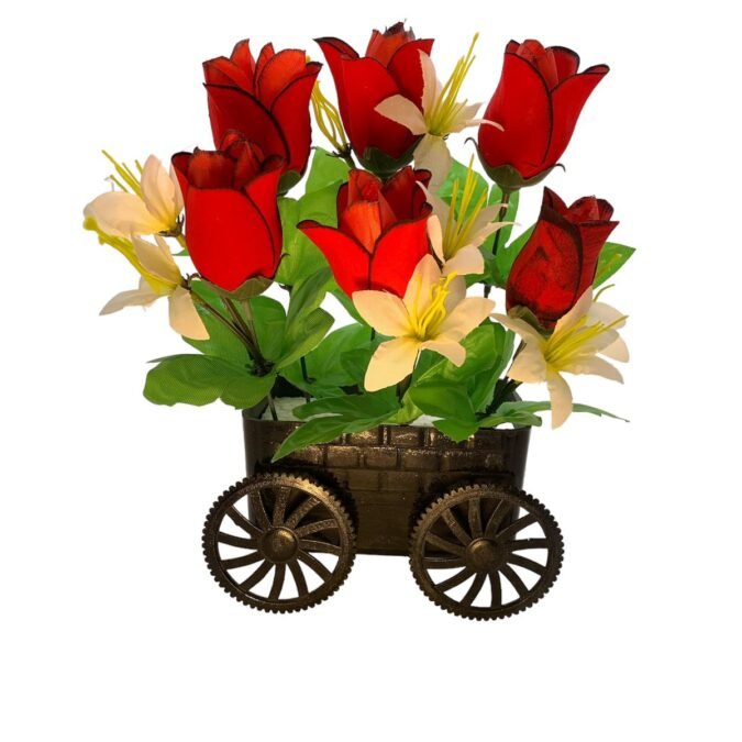 Vibrant Red Blooms in Charming Trolley Planter