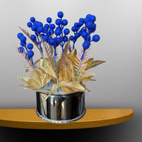 Metal Kot Planter with Blue Glitter Flowers