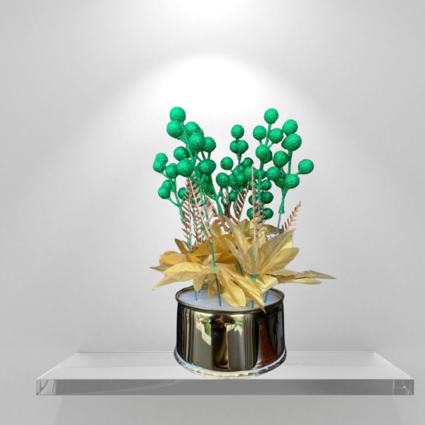 Metal Kot Planter with Green Glitter Flowers