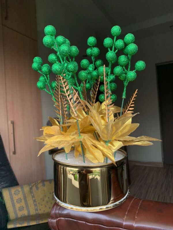 Metal Kot Planter with Green Glitter Flowers