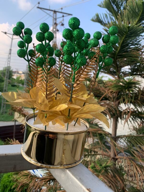 Metal Kot Planter with Green Glitter Flowers