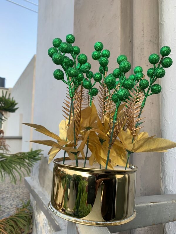 Metal Kot Planter with Green Glitter Flowers