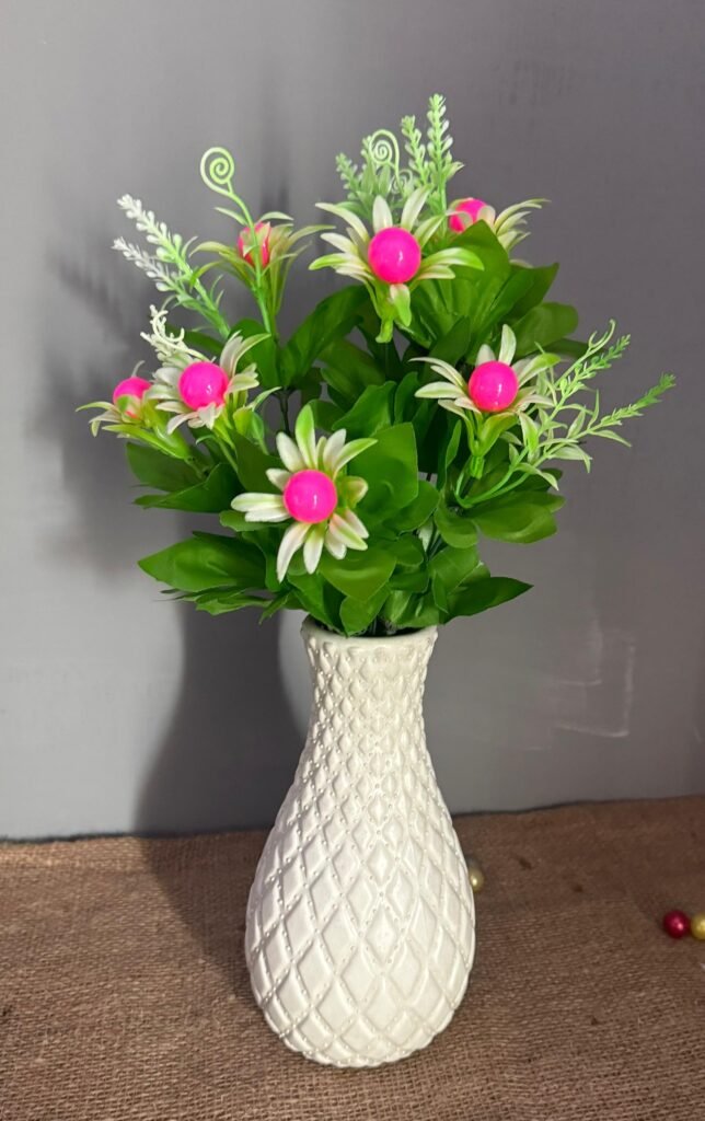 Virgin 9inch Plastic Vase and white pink Flowers