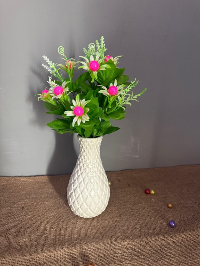 Virgin 9inch Plastic Vase and white pink Flowers