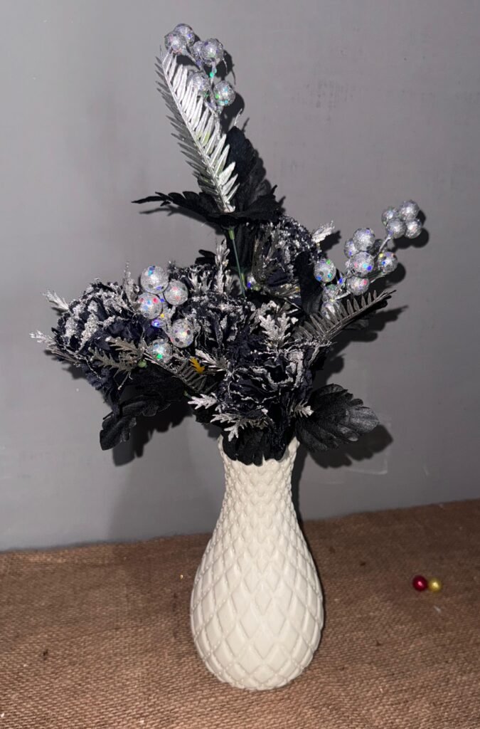 Virgin 9inch Plastic Vase and Black Glitter Flowers