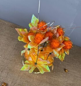 Metal Golden Planter with Orange Flowers 