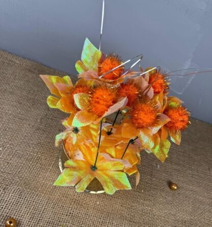 Metal Golden Planter with Orange Flowers