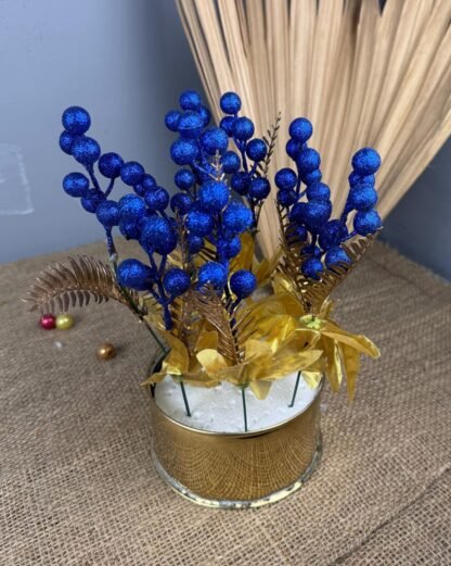 Golden Metal Planter with Blue Cherry