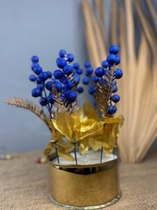 Golden Metal Planter with Blue Cherry