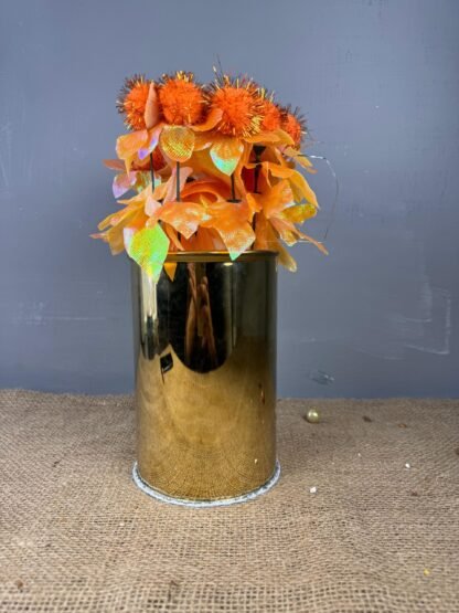 Golden Metal Planter with Dark Orange flower 7.5 inches