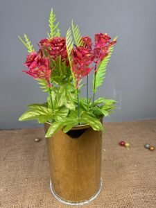 Golden Metal Planter With artificial Pink 7.5 inches 