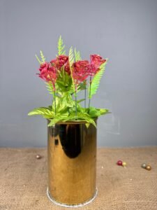 Golden Metal Planter With artificial Pink 7.5 inches 