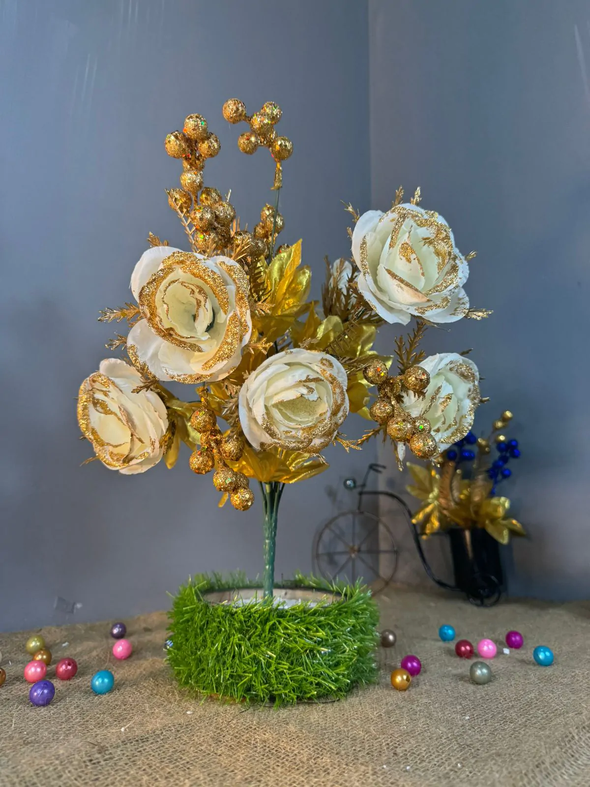 White Flower with Golden Glitter