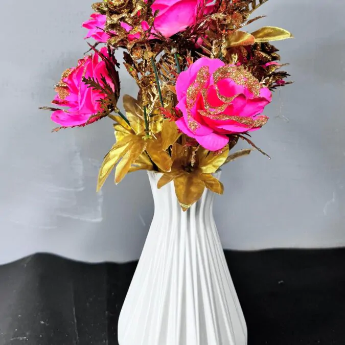 7-Inch White Plastic Vase with pink flowers