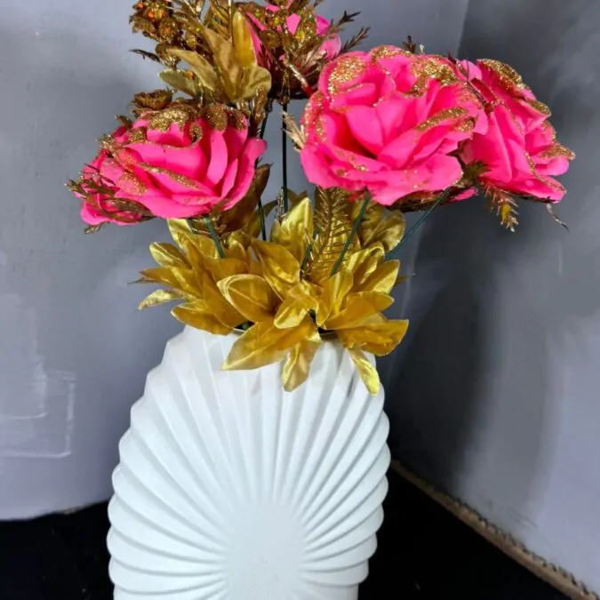 11-Inch Plastic Vase with Golden pink flowers