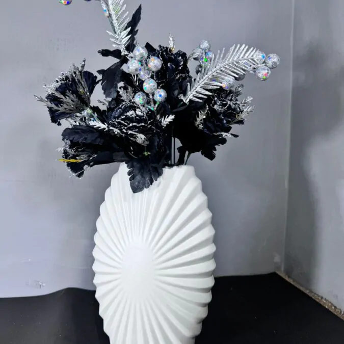 11-Inch Plastic Vase with Black Glitter flowers