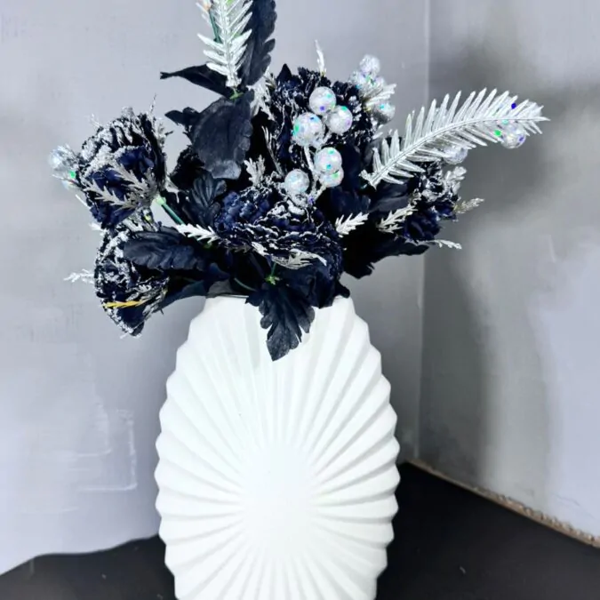 11-Inch Plastic Vase with Black Glitter flowers