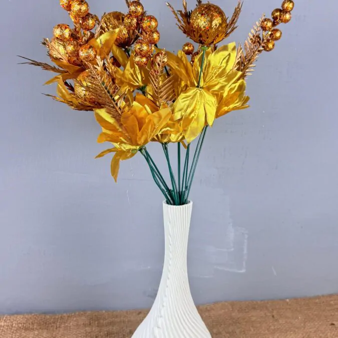 10-inch Bulb Ceramic Vase with Golden Glitter flowers