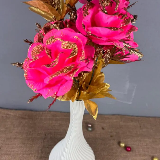 Virgin 10 inch Bulb Ceramic Vase with pink flowers