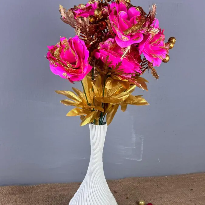 10-inch Bulb Ceramic Vase with Golden Pink flowers