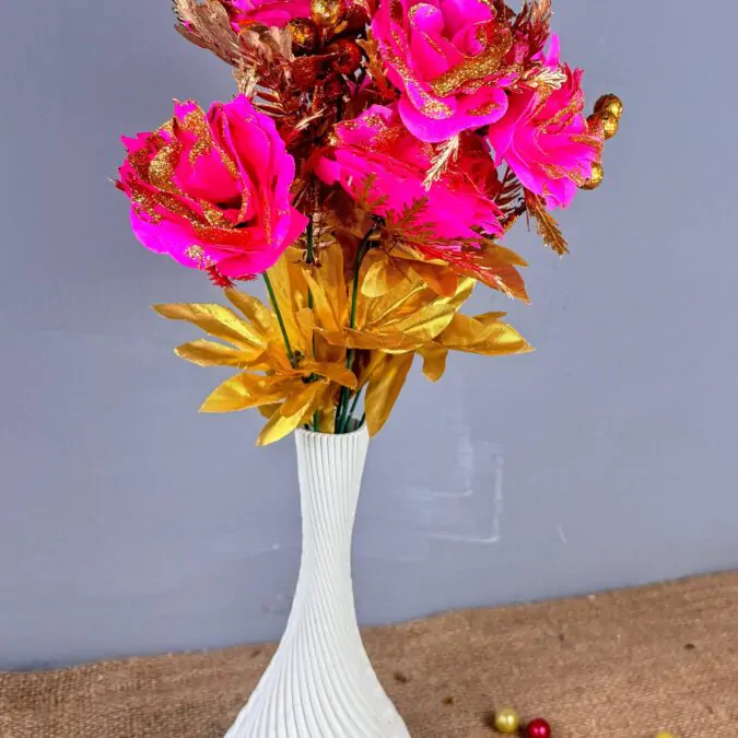 10-inch Bulb Ceramic Vase with Golden Pink flowers