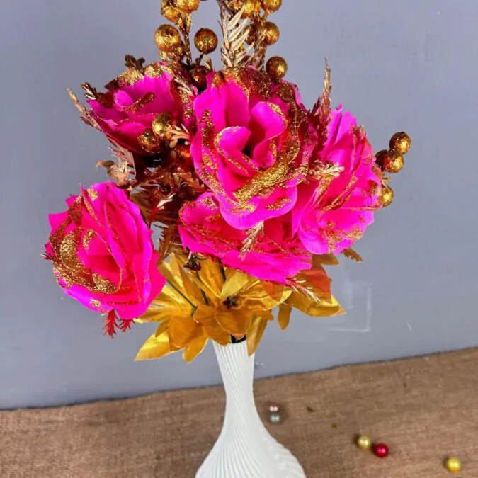 10-inch Bulb Ceramic Vase with Golden Pink flowers