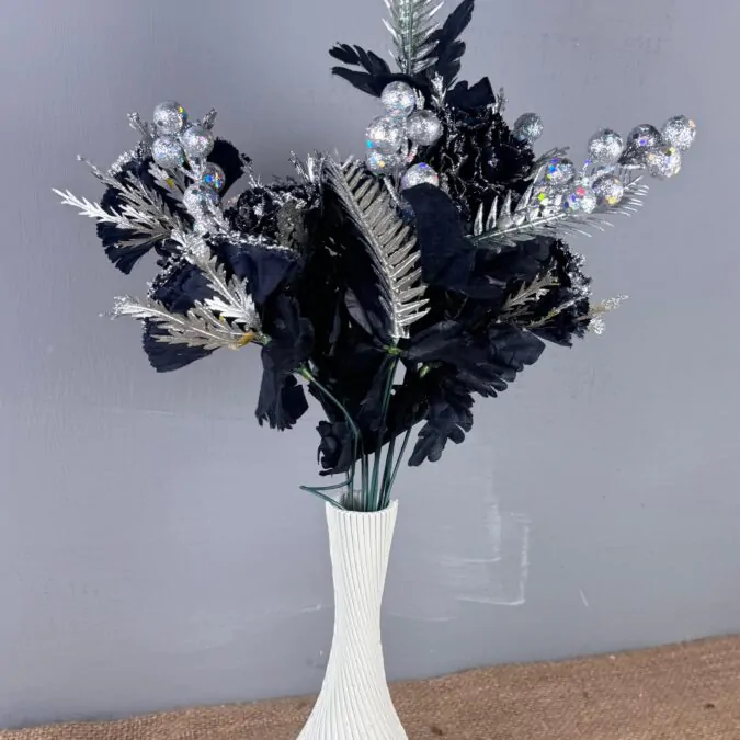 10-inch Bulb Ceramic Vase with silver glitter black flowers