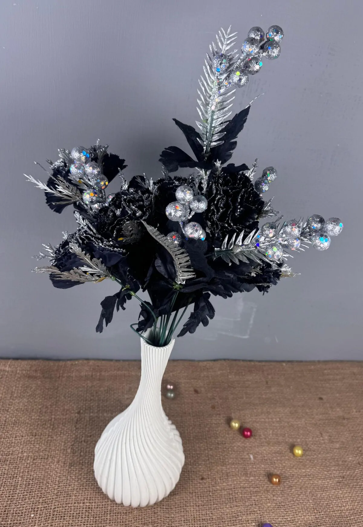 10-inch Bulb Ceramic Vase with silver glitter black flowers