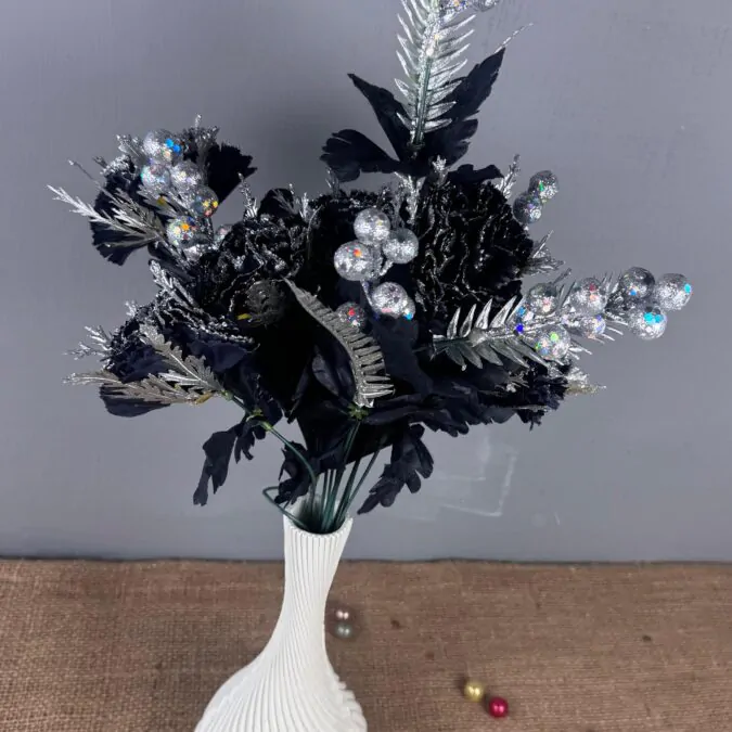 10-inch Bulb Ceramic Vase with silver glitter black flowers