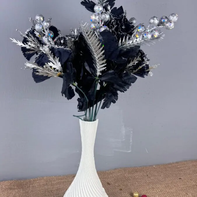 10-inch Bulb Ceramic Vase with silver glitter black flowers