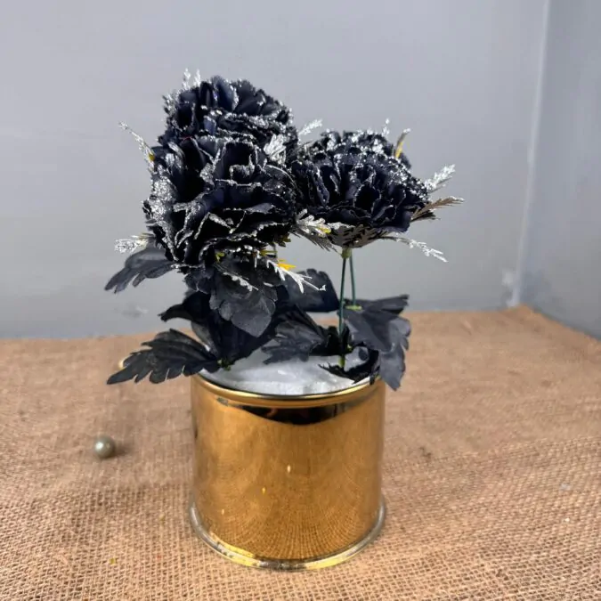 4 inches Golden  Metal Planter with Black sliver flower