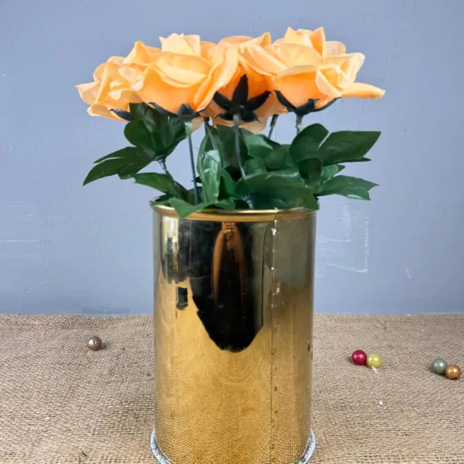 7.5 inches Golden Metal Planter with dark orange flower